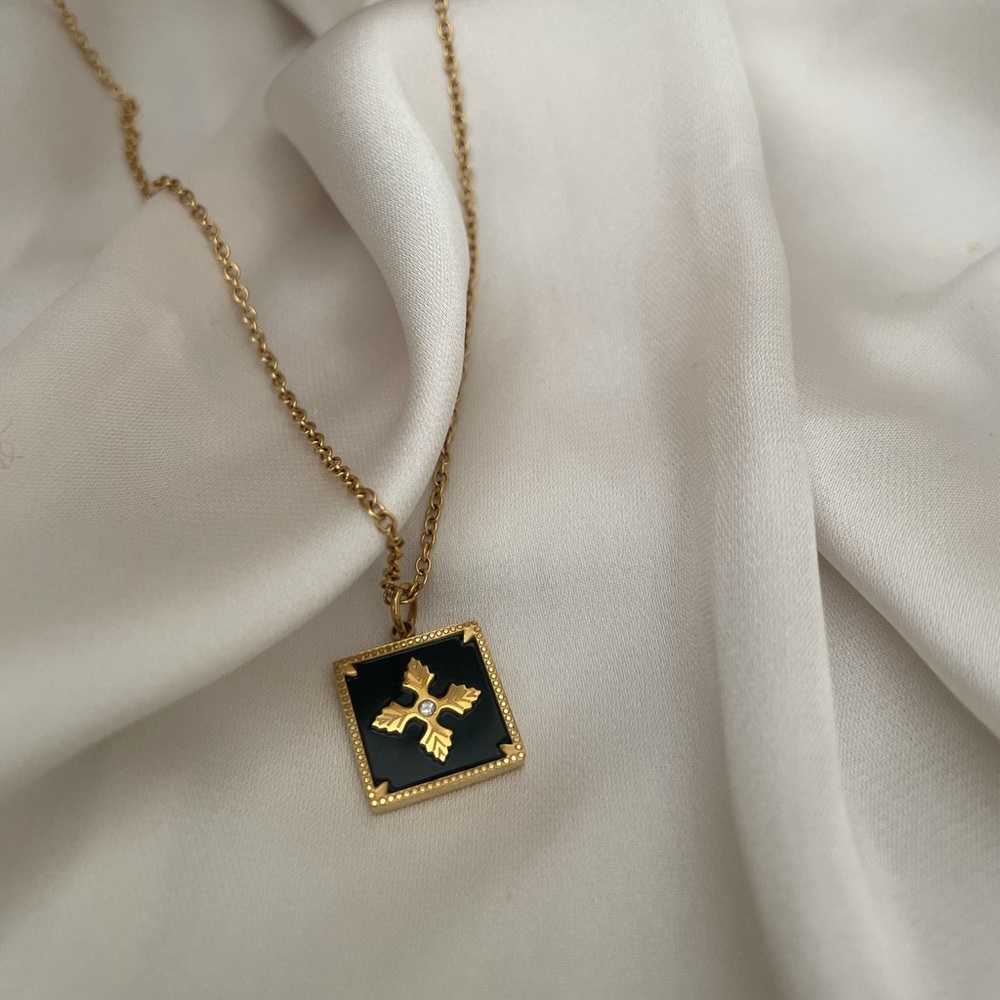Gold Necklace with Black Acrylic Pendant
